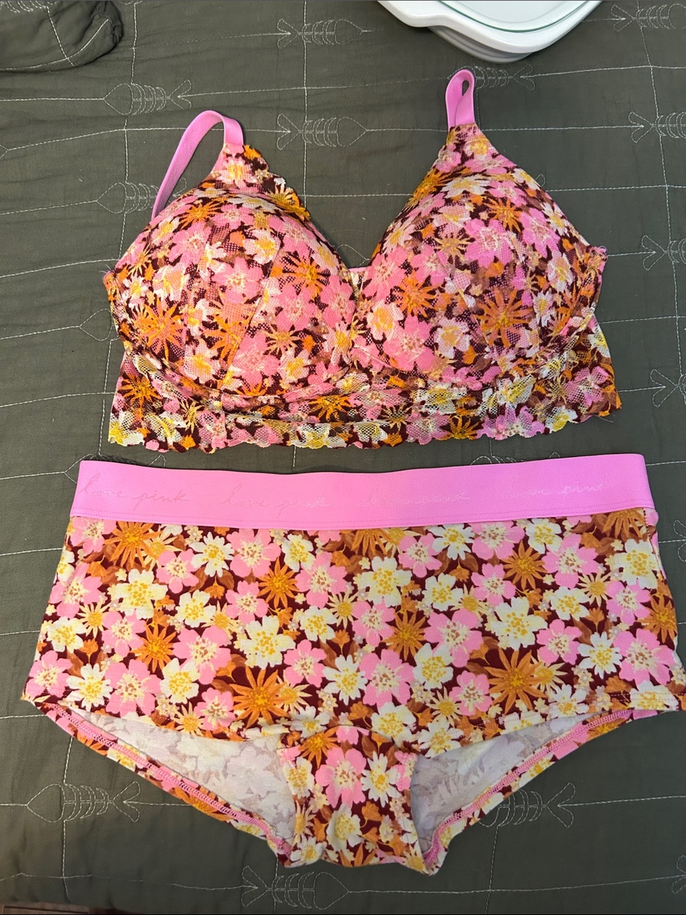 PINK Victoria's Secret Pink & Yellow Floral Lace Bralette with High-Waist Brief